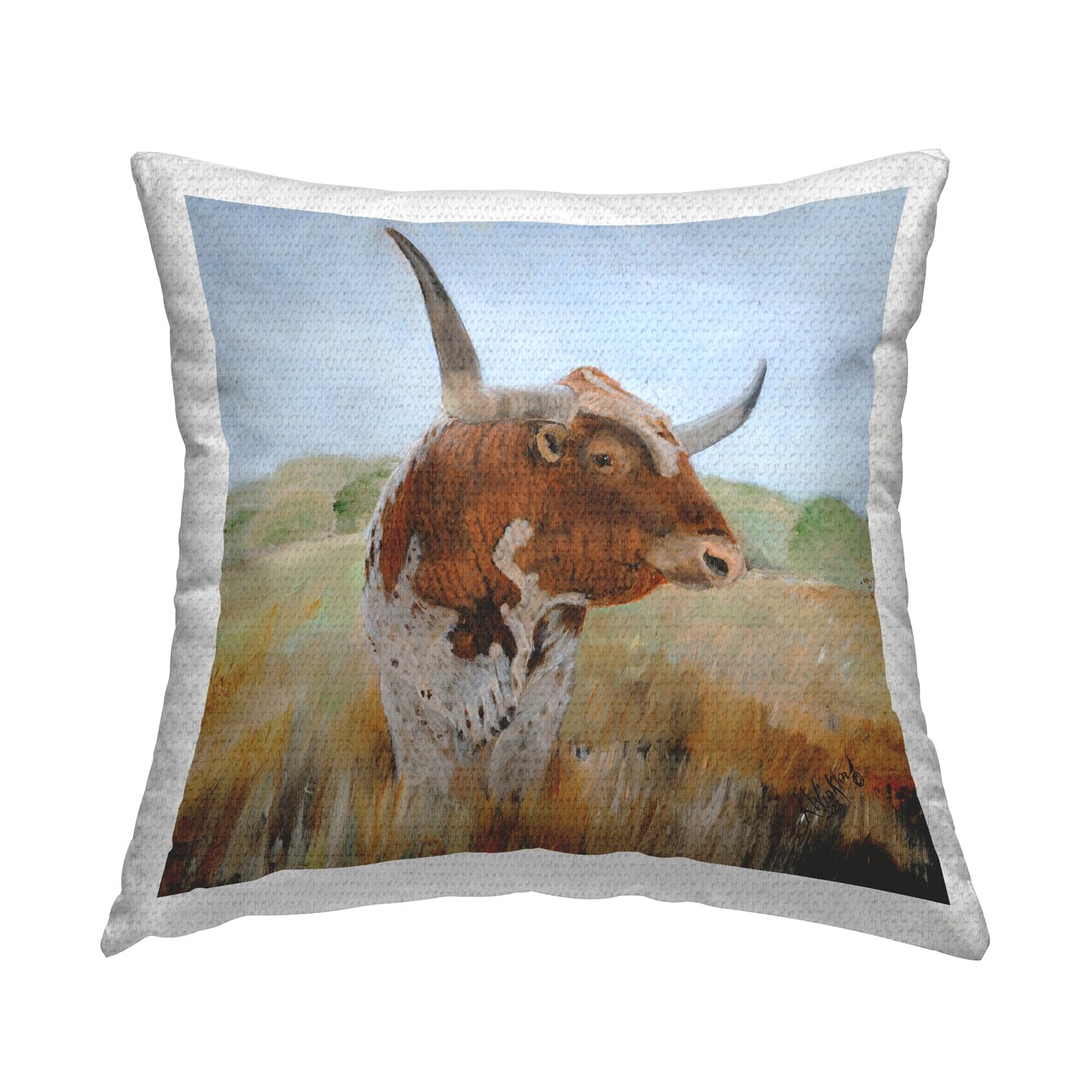 Longhorn in Country Grasses Outdoor Printed Pillow Design by Kathy Winkler, 18 x 7 x 18
